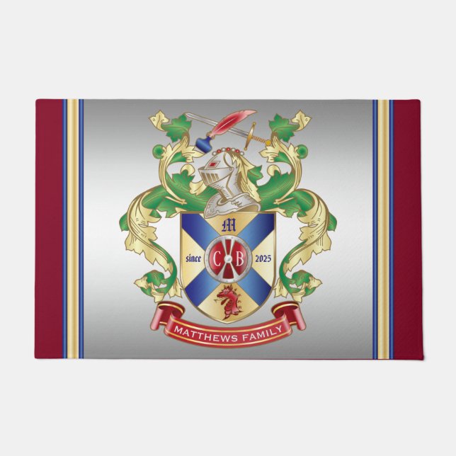 Monogram Family Crest Knight Shield Dragon Sword Doormat (Front)