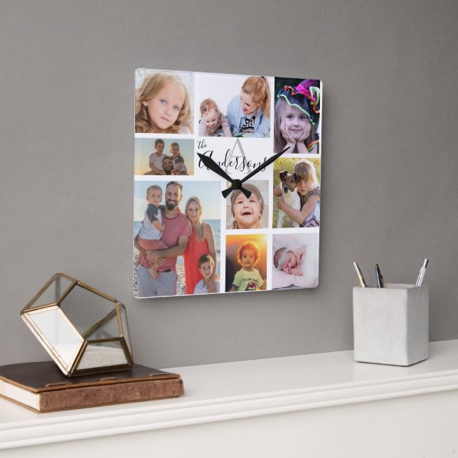 Monogram Family Eight Photo Customised   Square Wall Clock (Office)