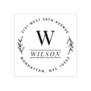 Monogram Family Last Name Wreath Return Address Rubber Stamp