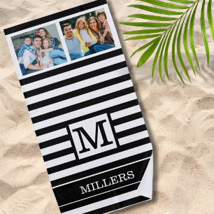 Monogram Family Name 2 Photo Black White Stripe Beach Towel