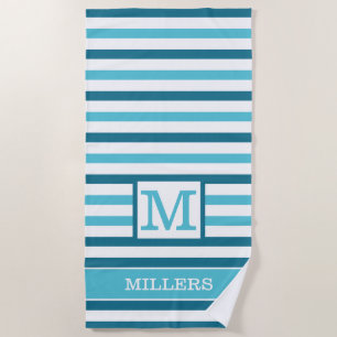 Monogram Family Name Aqua Blue And White Striped Beach Towel