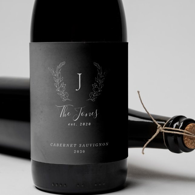 Monogram family name black and white template wine label (Creator Uploaded)
