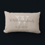 Monogram   Family Name Chic Script Keepsake Gift   Lumbar Cushion<br><div class="desc">Monogram Family Name Chic Script Keepsake Gift Beige Lumbar Pillow. Click personalise this template to customise it with the monogram last name initial, family's last name, and marriage date quickly and easily. Makes a unique beautiful gift for newlyweds. Lovely for their new life together or for your home. Monogram Family...</div>
