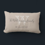 Monogram   Family Name Chic Script Keepsake Gift   Lumbar Cushion<br><div class="desc">Monogram Family Name Chic Script Keepsake Gift Beige Lumbar Pillow. Click personalise this template to customise it with the monogram last name initial, family's last name, and marriage date quickly and easily. Makes a unique beautiful gift for newlyweds. Lovely for their new life together or for your home. Monogram Family...</div>