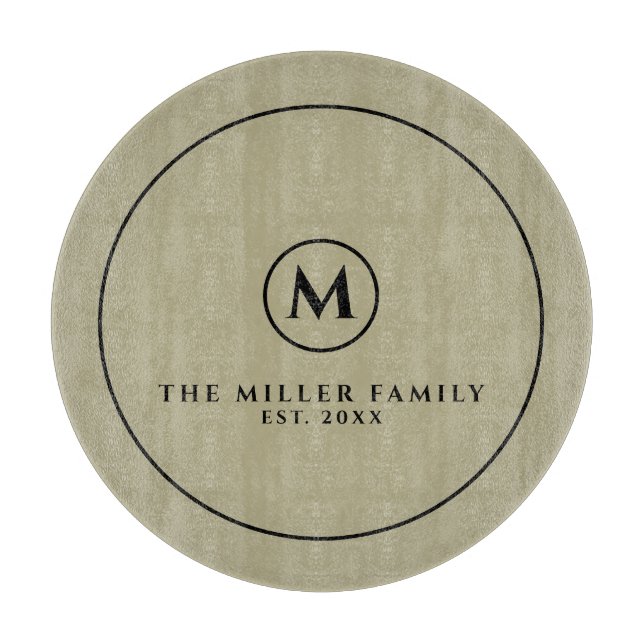 Monogram Family Name & Date | Sage & Black Round Cutting Board (Front)