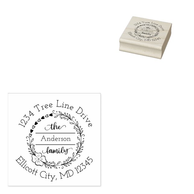Monogram Family Name Floral Heart Wreath  Rubber Stamp (Stamped)