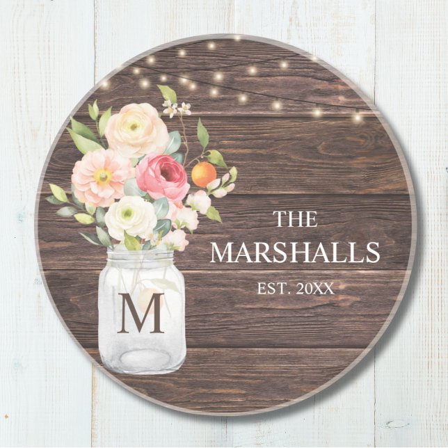 Monogram Family Name Floral Mason Jar Rustic Coaster (Creator Uploaded)