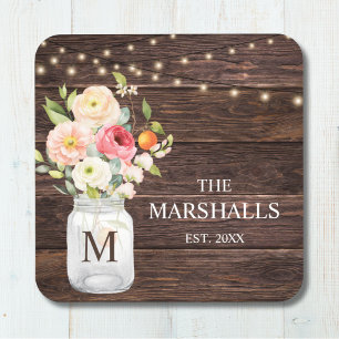 Monogram Family Name Floral Mason Jar Rustic Coaster