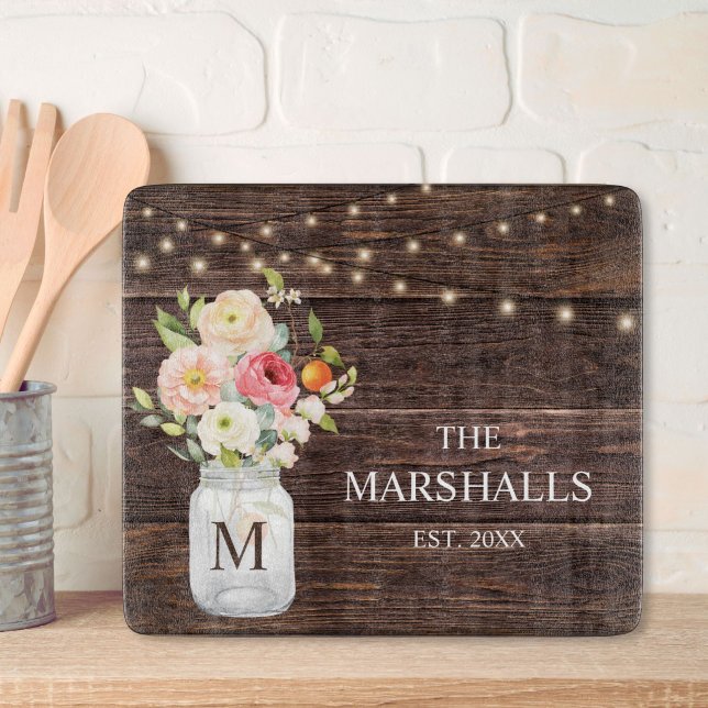 Monogram Family Name Floral Mason Jar Rustic Cutting Board (Creator Uploaded)