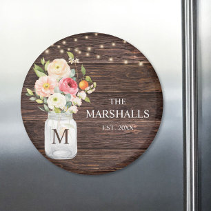 Monogram Family Name Floral Mason Jar Rustic Magnet