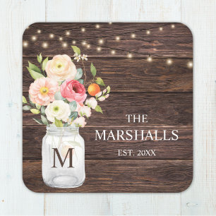 Monogram Family Name Floral Mason Jar Rustic Square Paper Coaster