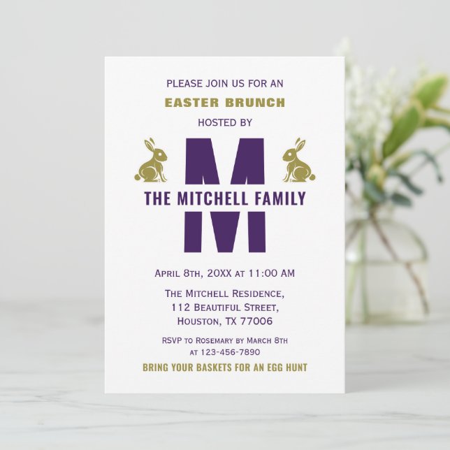 Monogram Family Name Fun Happy Easter Bunny Rabbit Invitation (Standing Front)