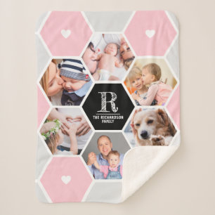 Monogram Family Name Geometric 6 Photo Collage Sherpa Blanket