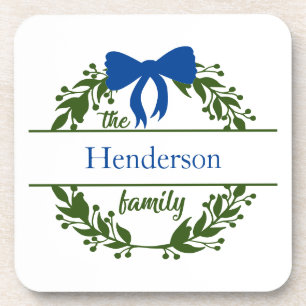 Monogram Family Name Green Wreath Blue Bow Coaster