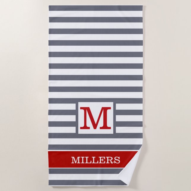 Monogram Family Name Grey Red White Cabana Stripe Beach Towel (Front)