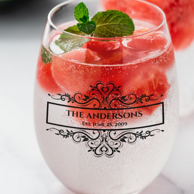 Monogram Family Name Ornate  Date Stemless Wine Glass (Creator Uploaded)