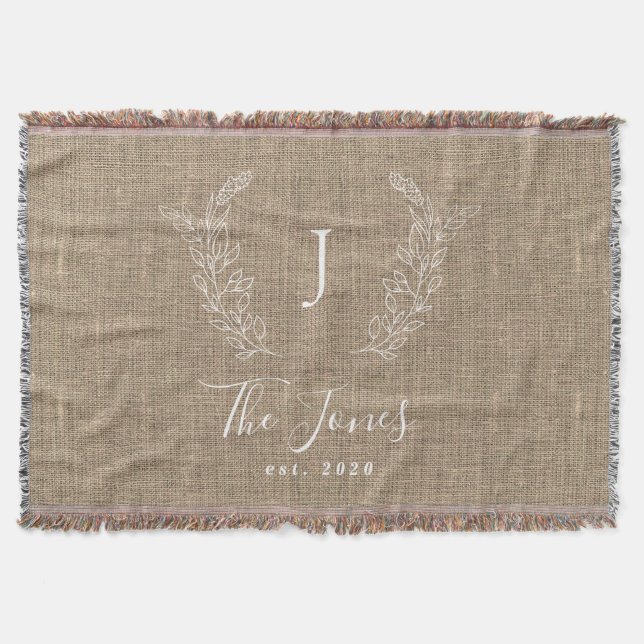 Monogram family name personalised rustic jute throw blanket (Front)