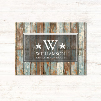 Monogram Family Name Rustic Boho Wood Beach House Doormat