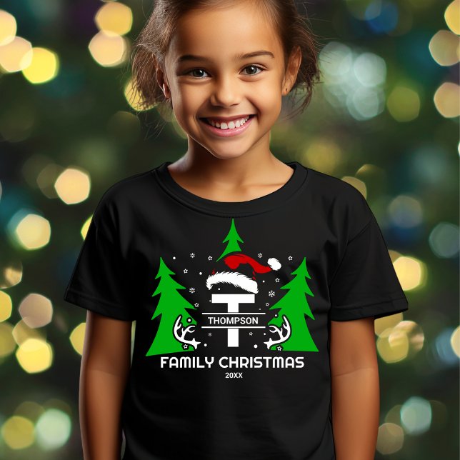 Monogram Family Name Santa Hat Year Christmas T-Shirt (Creator Uploaded)