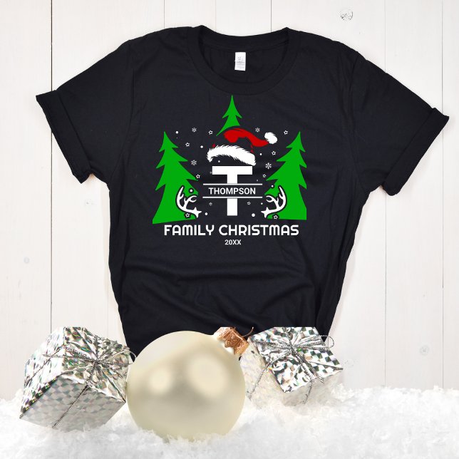 Monogram Family Name Santa Hat Year Christmas T-Shirt (Creator Uploaded)