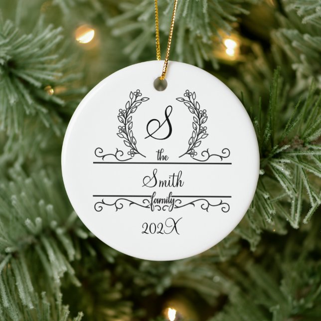 Monogram Family Name Script font Leaves Christmas  Ceramic Tree Decoration (Tree)