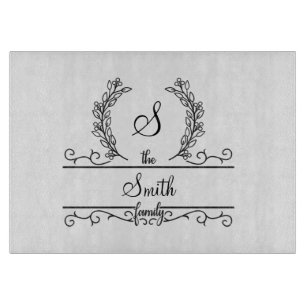 Monogram Family Name Script font Leaves Cutting Board