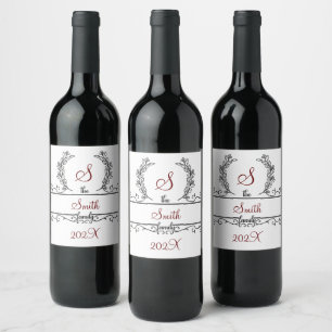Monogram Family Name Script font Leaves Wine Label