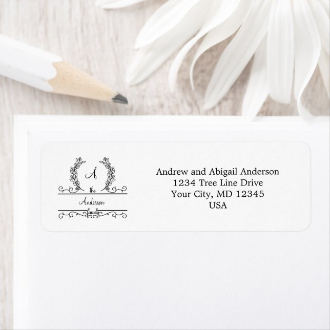 Monogram Family Name Script Leaves Return Address (Insitu)