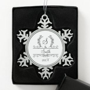 Monogram Family Name Snowflake Holiday Pewter Christmas Ornament