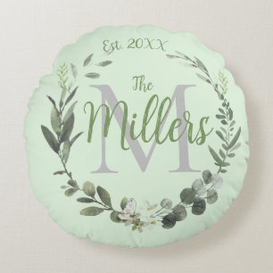  Monogram Family Name Watercolor Botanical Wreath Round Cushion