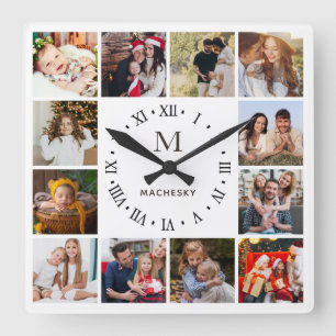 Monogram Family Photo Collage Square Wall Clock