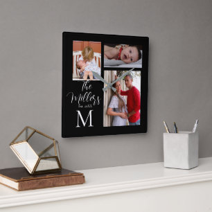 Monogram Family Photo Collage Square Wall Clock