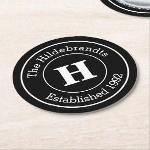 Monogram Family Surname Mod BW Personalised Round Paper Coaster