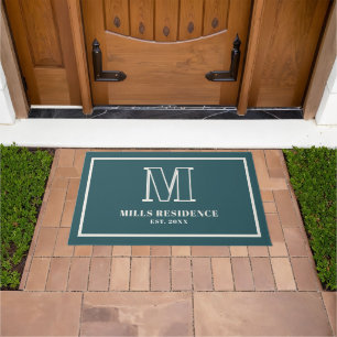 Monogram Family Year Established Teal Ivory Doormat