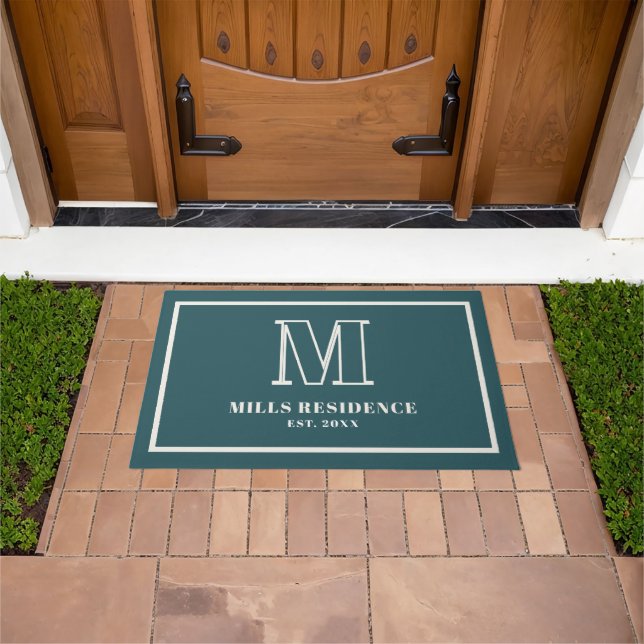 Monogram Family Year Established Teal Ivory Doormat (Outdoor)
