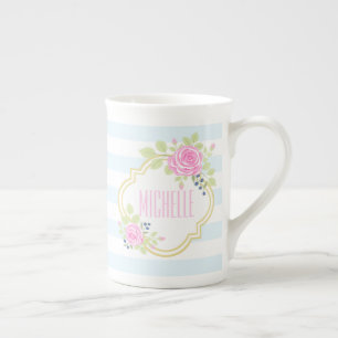 Monogram Fancy Pink Roses Blueberry Bone China Mug