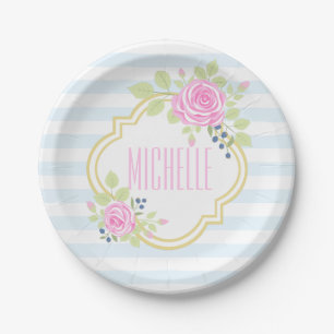 Monogram Fancy Pink Roses Blueberry Paper Plates
