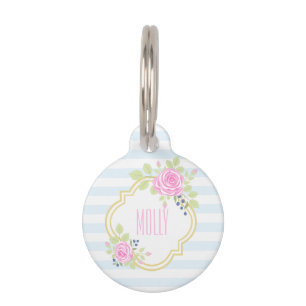 Monogram Fancy Pink Roses Blueberry Pet Tag