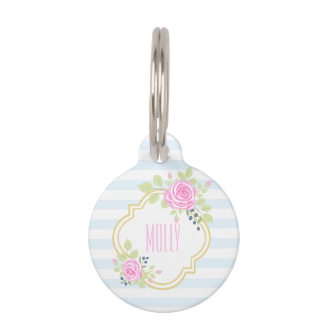 Monogram Fancy Pink Roses Blueberry Pet Tag (Front)