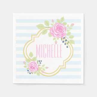 Monogram Fancy Roses Blueberry Paper Napkins