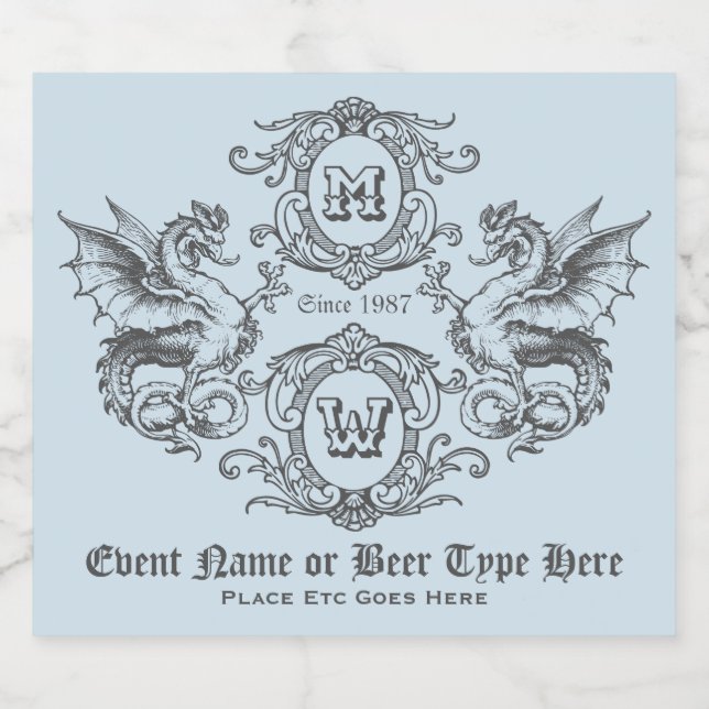 Monogram Fantasy Mediaeval Dragon Ornate Frame Beer Bottle Label (Single Label)