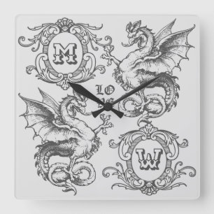 Monogram Fantasy Mediaeval Dragon Ornate Frame Square Wall Clock