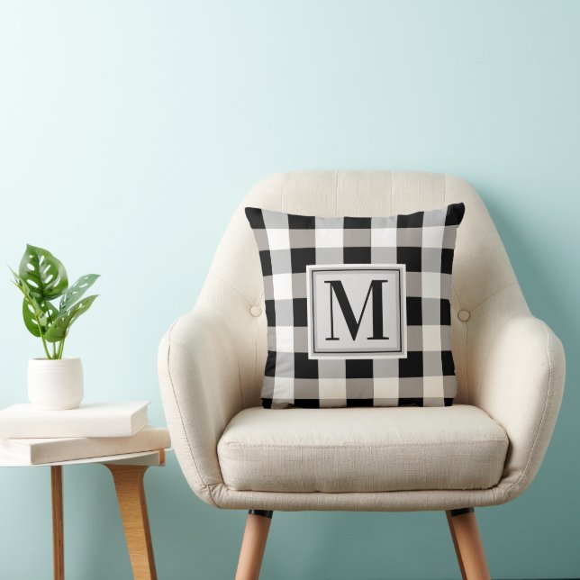 Monogram Farmhouse Black Grey White Chequered Cushion (Chair)