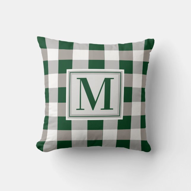 Monogram Farmhouse Green Grey White Chequered Cushion (Front)