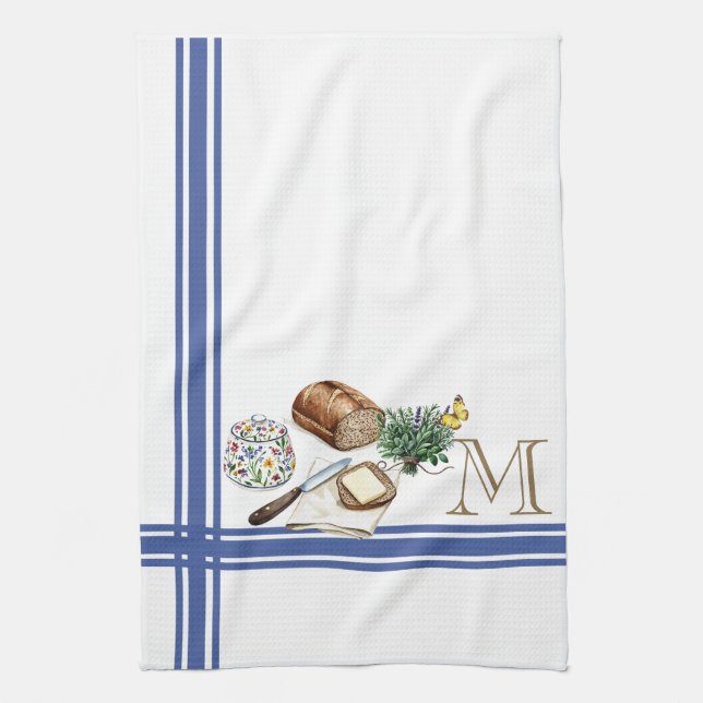 Monogram Farmhouse Kitchen Towel Blue Stripe Herbs (Vertical)