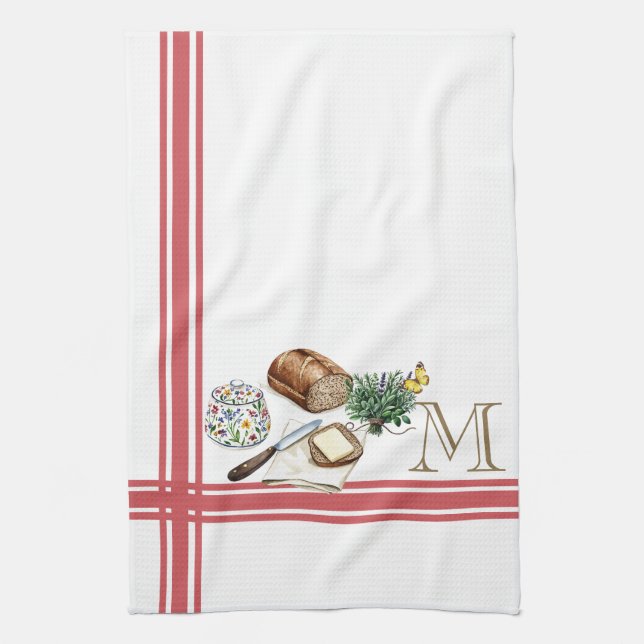 Monogram Farmhouse Kitchen Towel Rhubarb Red Herbs (Vertical)