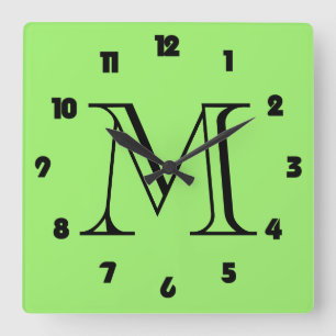 Monogram Fat Black Numbers On Green wccn Square Wall Clock