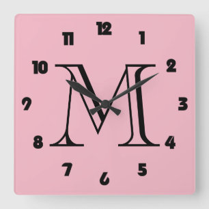 Monogram Fat Black Numbers On Pink wccn Square Wall Clock