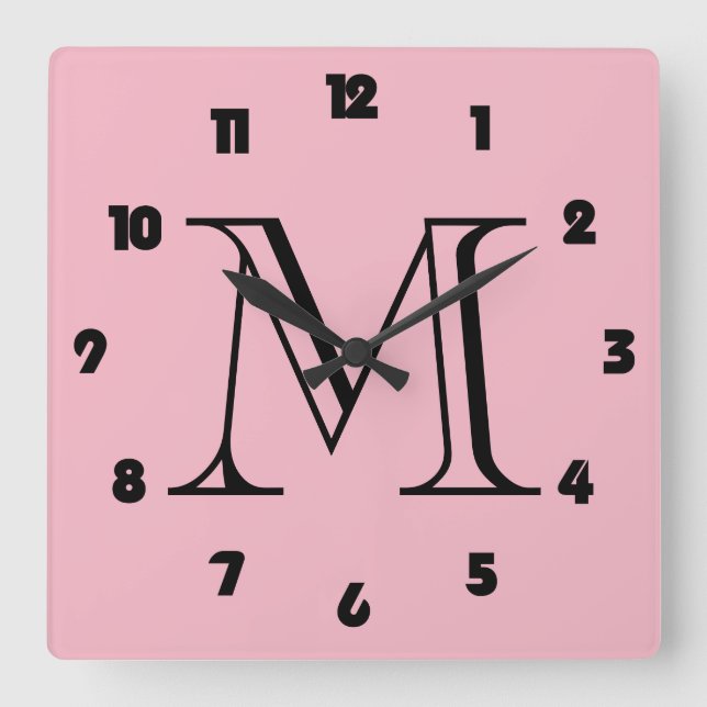 Monogram Fat Black Numbers On Pink wccn Square Wall Clock (Front)