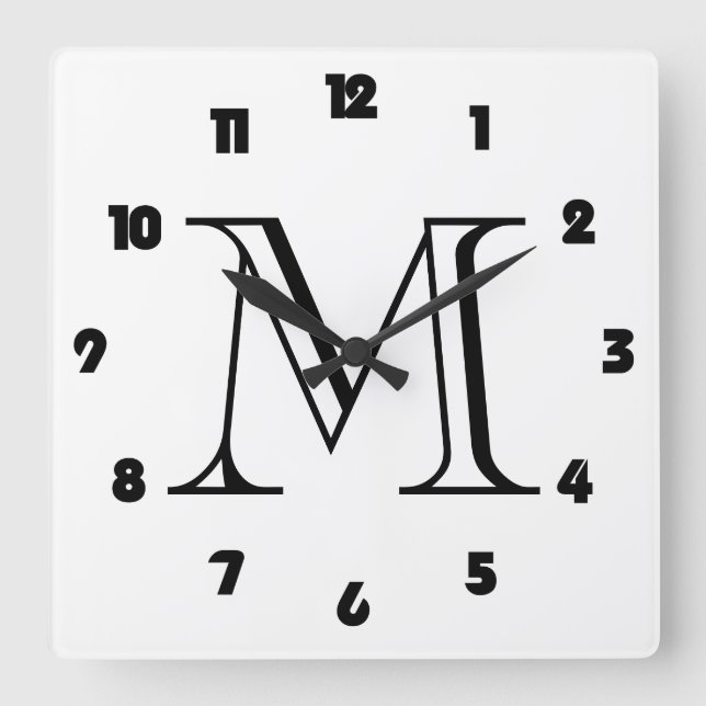 Monogram Fat Black Numbers On White wccn Square Wall Clock (Front)